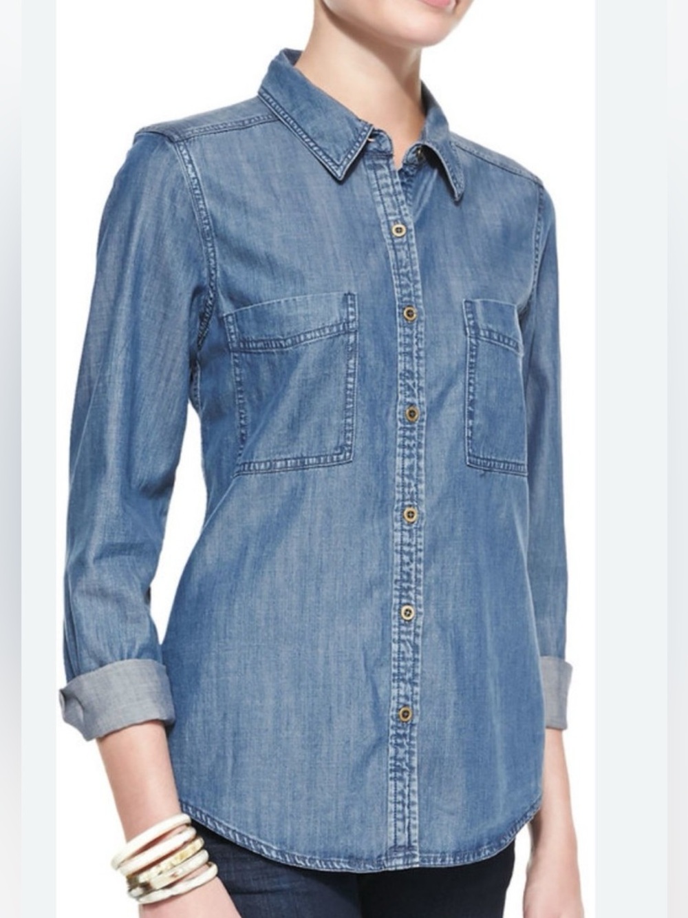 Eileen Fisher Tencel Cotton Chambray Denim Shirt Blue XS